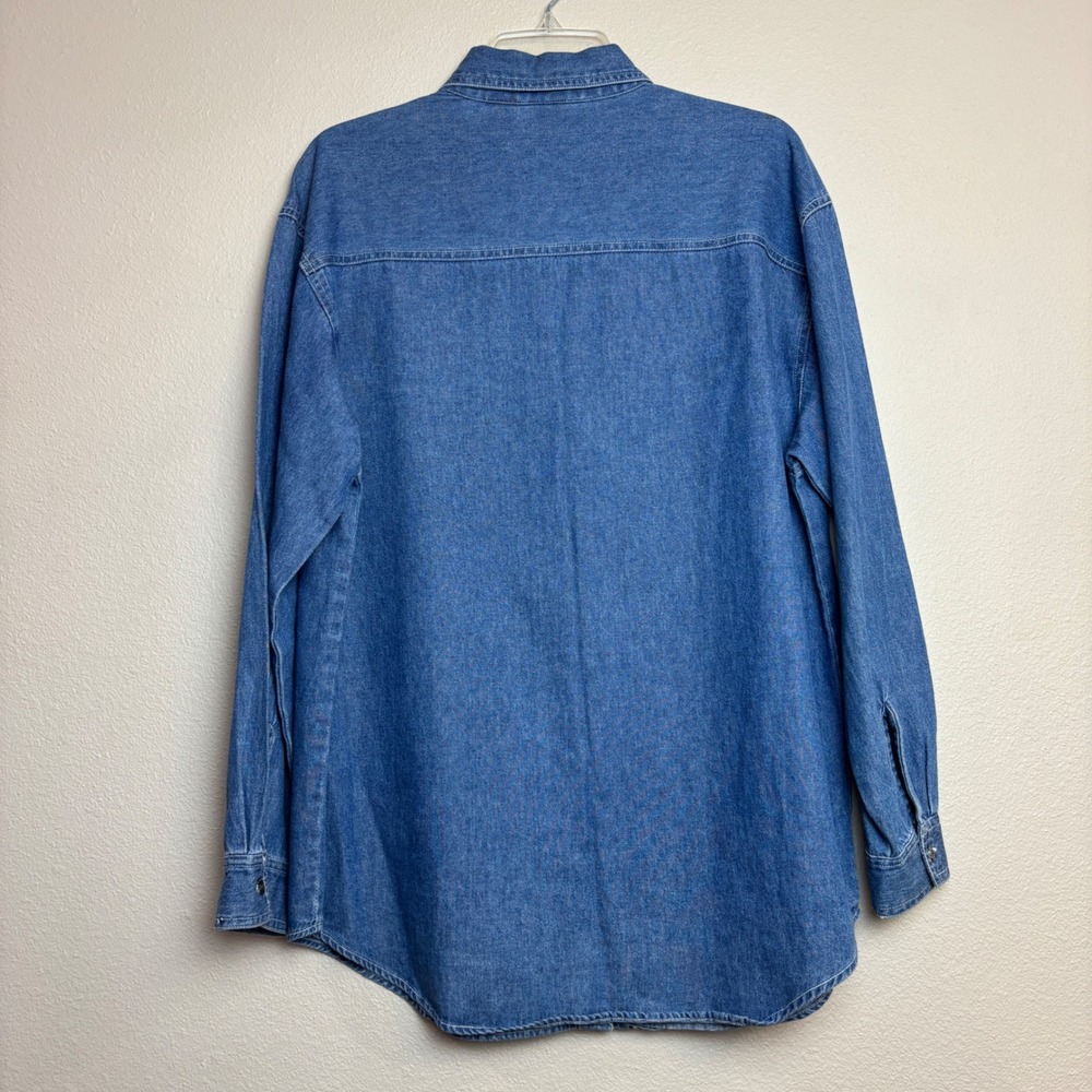 Cottagecore Denim Button Top Womens Medium M Blue Patchwork Folk Art Vintage 90s - Picture 2 of 11